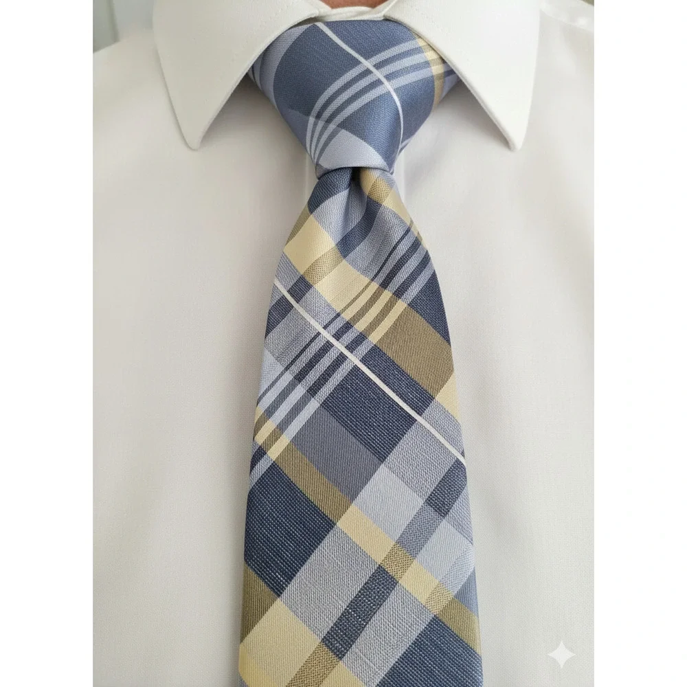 Michael Kors blue yellow plaid silk linen blend tie - 57.5